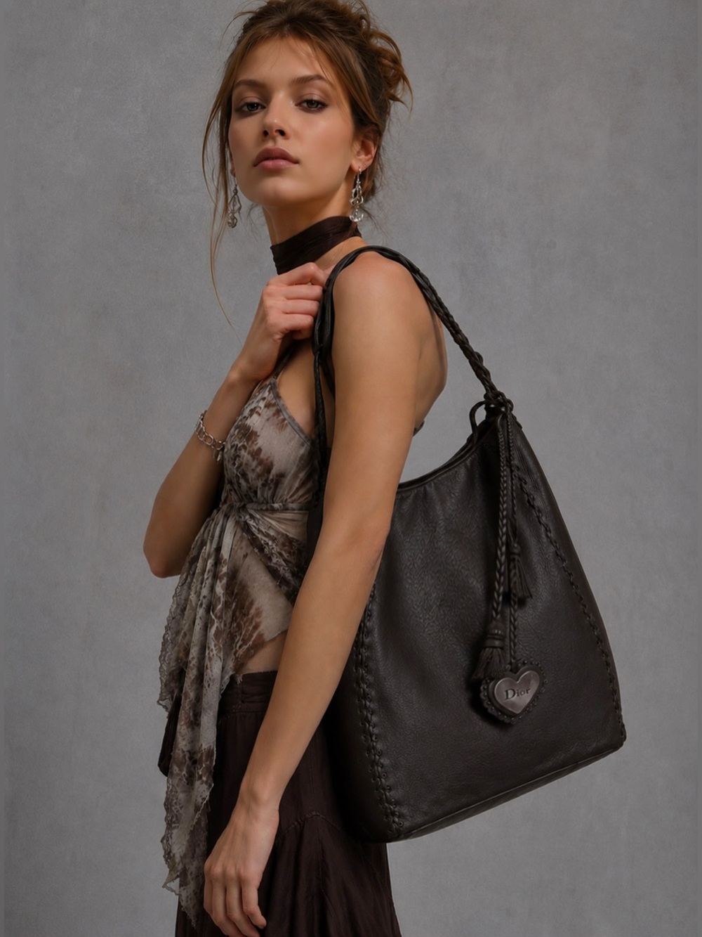 Auth Dior Ethnic collection Galliano Brown Leather large Hobo tote Heart Charm